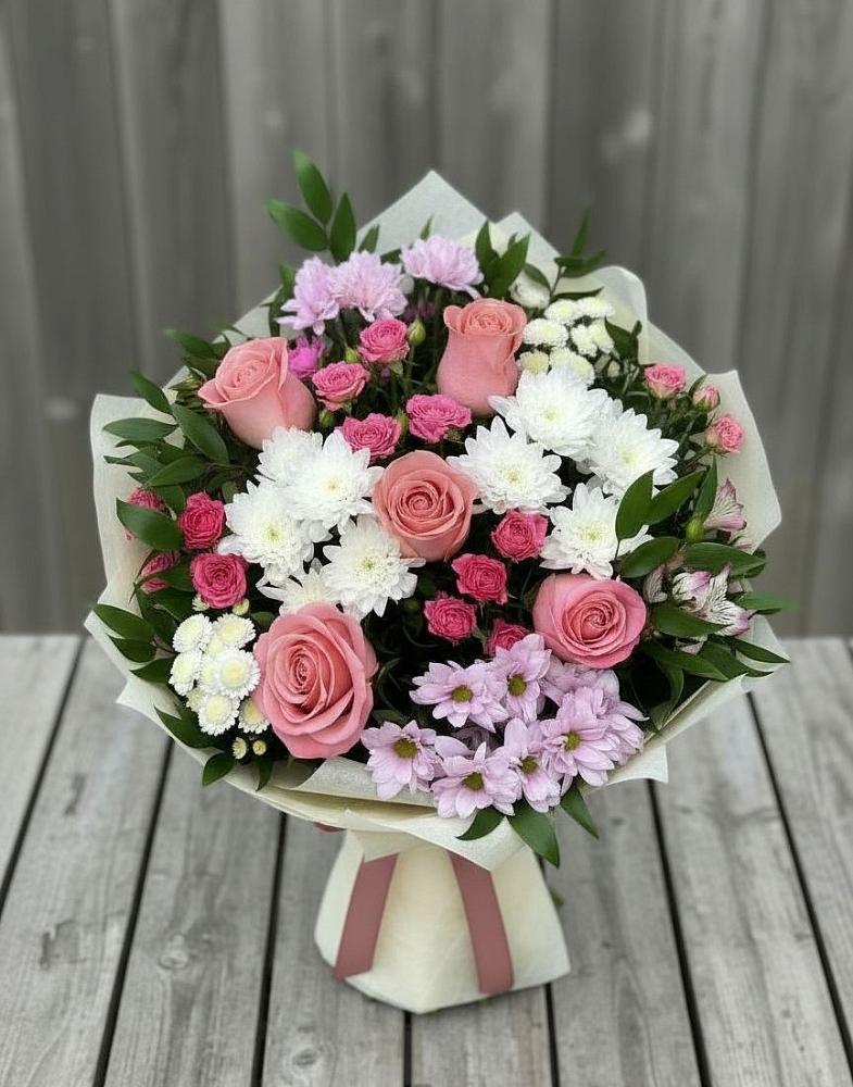 Букет цветов из: Альстромерии, Гвоздики, Розы и Хризантемы в Тимашевске