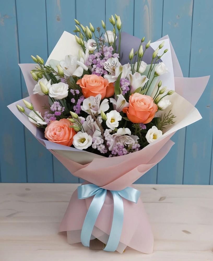 Букет цветов из: Лизиантусы, Розы, Альстромерии и Гипсофила в Тимашевске