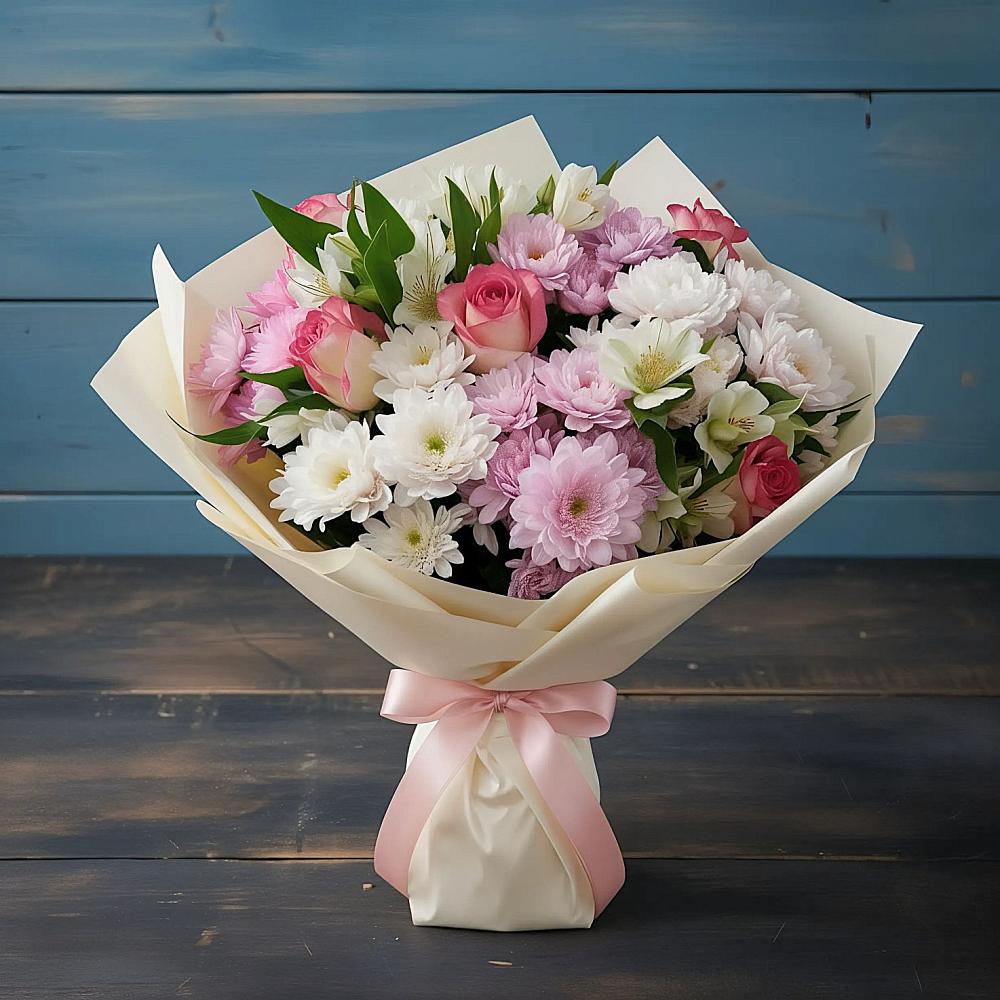 Букет цветов из: Хризантемы, Альстромерии и Розы в Тимашевске